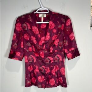 Guess Vintage Red and Pink Floral Blouse 3/4 Sleeve Fitted